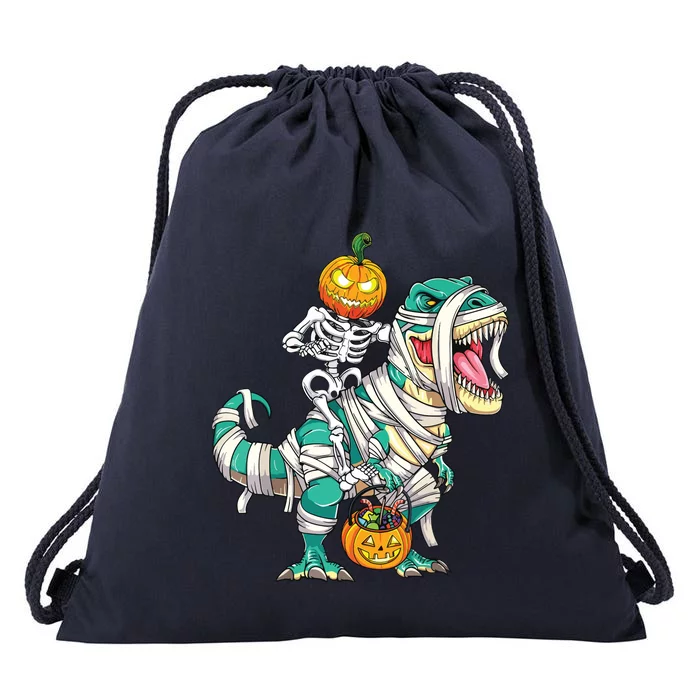 Skeleton Riding Mummy Dinosaur T Rex Halloween Funny Pumpkin Drawstring Bag