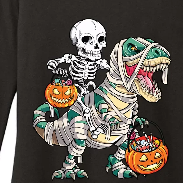 Skeleton Riding Mummy Dinosaur T Rex Halloween Funny Pumpkin Womens CVC Long Sleeve Shirt