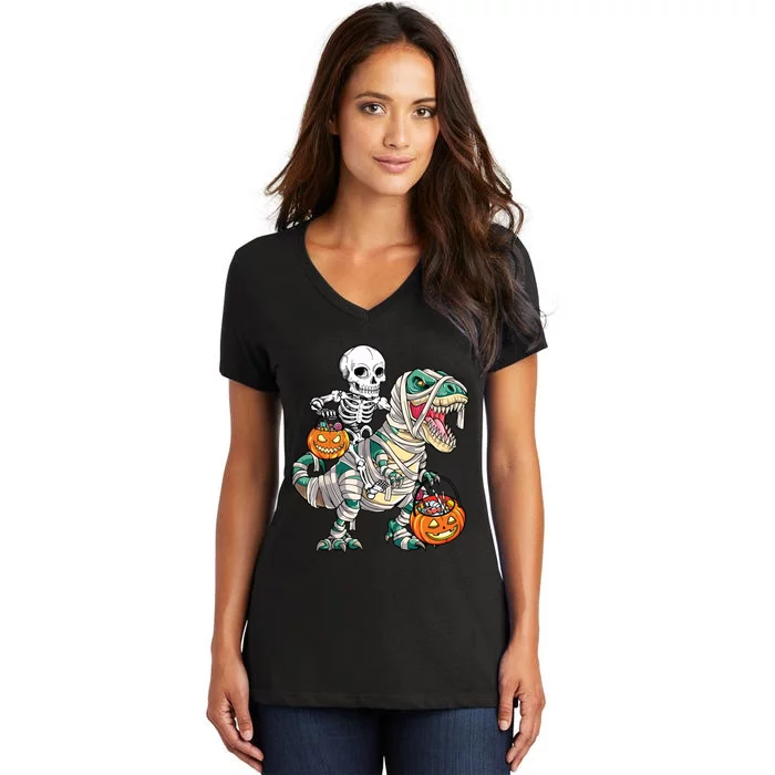 Skeleton Riding Mummy Dinosaur T Rex Halloween Funny Pumpkin Women's V-Neck T-Shirt