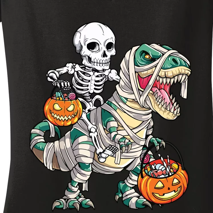 Skeleton Riding Mummy Dinosaur T Rex Halloween Funny Pumpkin Women's V-Neck T-Shirt