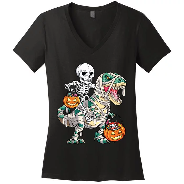 Skeleton Riding Mummy Dinosaur T Rex Halloween Funny Pumpkin Women's V-Neck T-Shirt