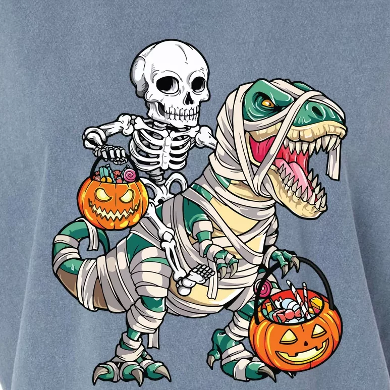 Skeleton Riding Mummy Dinosaur T Rex Halloween Funny Pumpkin Garment-Dyed Women's Muscle Tee