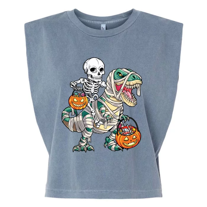 Skeleton Riding Mummy Dinosaur T Rex Halloween Funny Pumpkin Garment-Dyed Women's Muscle Tee