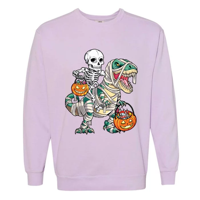 Skeleton Riding Mummy Dinosaur T Rex Halloween Funny Pumpkin Garment-Dyed Sweatshirt