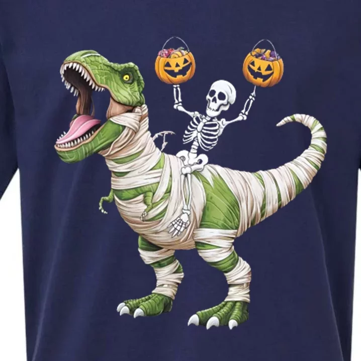 Skeleton Riding Mummy Dinosaur T Rex Halloween Funny Pumpkin Cute Gift Sueded Cloud Jersey T-Shirt