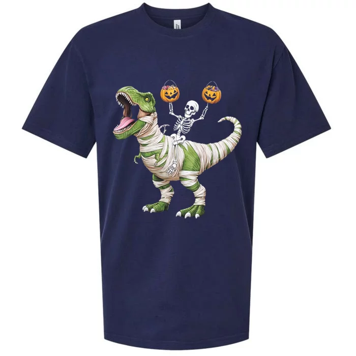 Skeleton Riding Mummy Dinosaur T Rex Halloween Funny Pumpkin Cute Gift Sueded Cloud Jersey T-Shirt