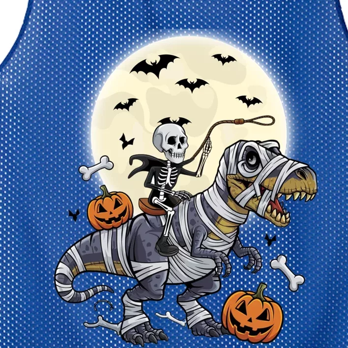 Skeleton Riding Mummy Dinosaur T Rex Halloween Funny Pumpkin Gift Mesh Reversible Basketball Jersey Tank