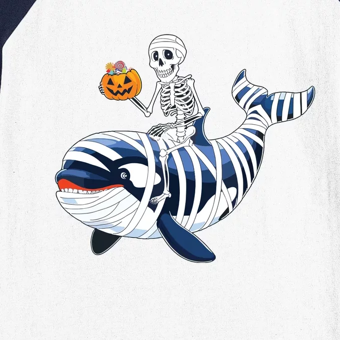 Skeleton Riding Mummy Orca Halloween Candy Whale Baseball Sleeve Shirt