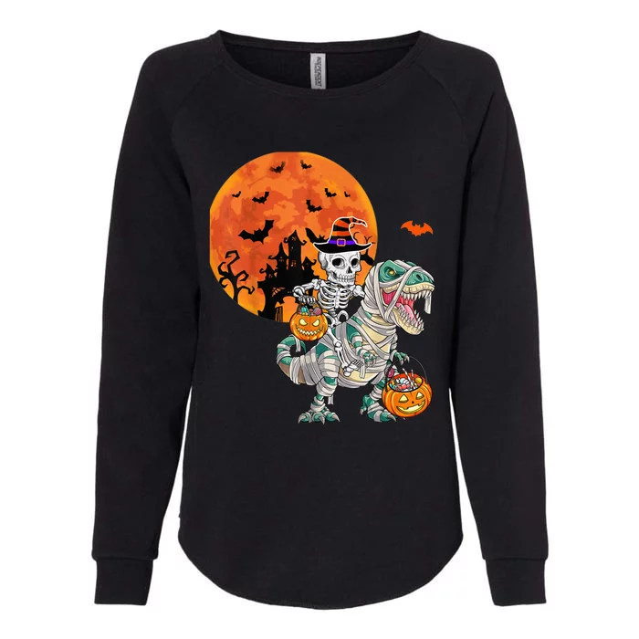 Skeleton Riding Mummy Dinosaur T rex Halloween Funny Pumpkin Womens California Wash Sweatshirt