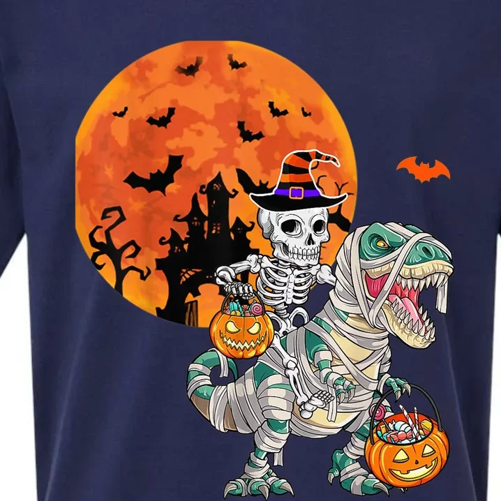 Skeleton Riding Mummy Dinosaur T rex Halloween Funny Pumpkin Sueded Cloud Jersey T-Shirt