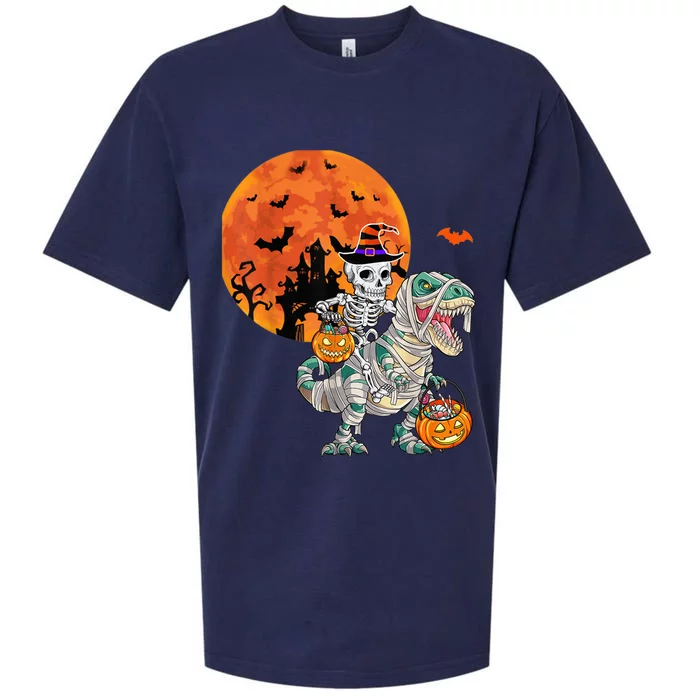 Skeleton Riding Mummy Dinosaur T rex Halloween Funny Pumpkin Sueded Cloud Jersey T-Shirt