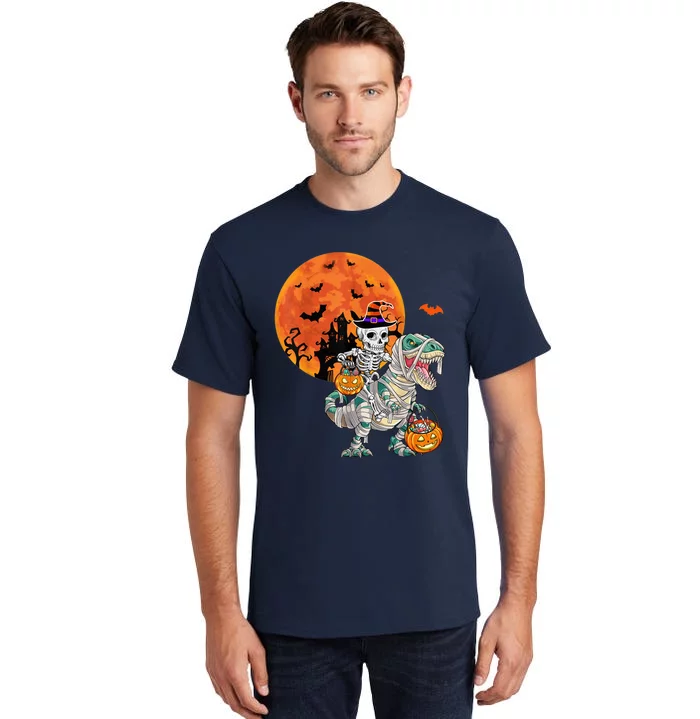 Skeleton Riding Mummy Dinosaur T rex Halloween Funny Pumpkin Tall T-Shirt