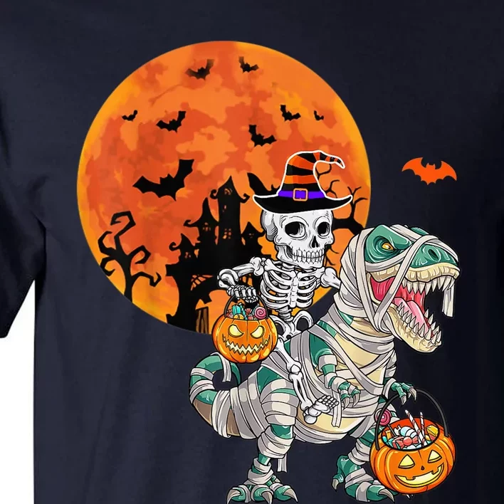 Skeleton Riding Mummy Dinosaur T rex Halloween Funny Pumpkin Tall T-Shirt