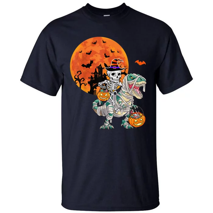 Skeleton Riding Mummy Dinosaur T rex Halloween Funny Pumpkin Tall T-Shirt