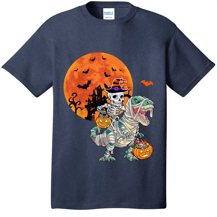 Skeleton Riding Mummy Dinosaur T rex Halloween Funny Pumpkin T-Shirt