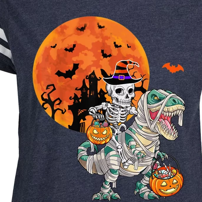 Skeleton Riding Mummy Dinosaur T rex Halloween Funny Pumpkin Enza Ladies Jersey Football T-Shirt