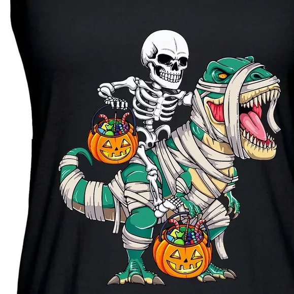 Skeleton Riding Mummy Dinosaur T Rex Funny Halloween Ladies Essential Flowy Tank