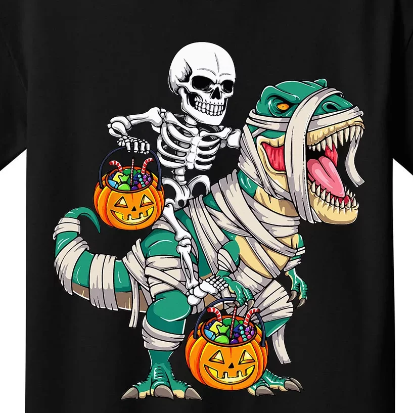 Skeleton Riding Mummy Dinosaur T Rex Funny Halloween Kids T-Shirt