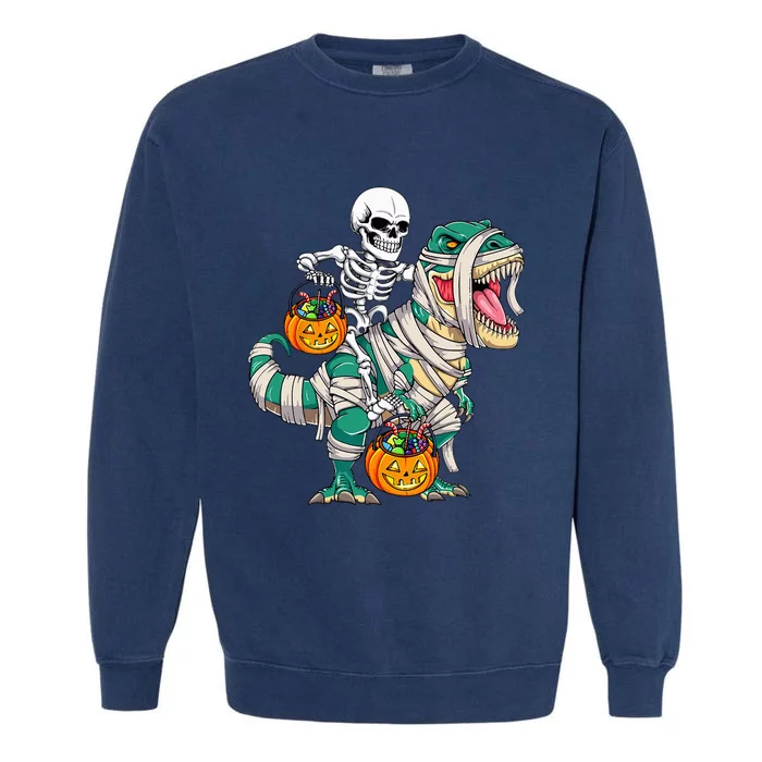 Skeleton Riding Mummy Dinosaur T Rex Funny Halloween Garment-Dyed Sweatshirt