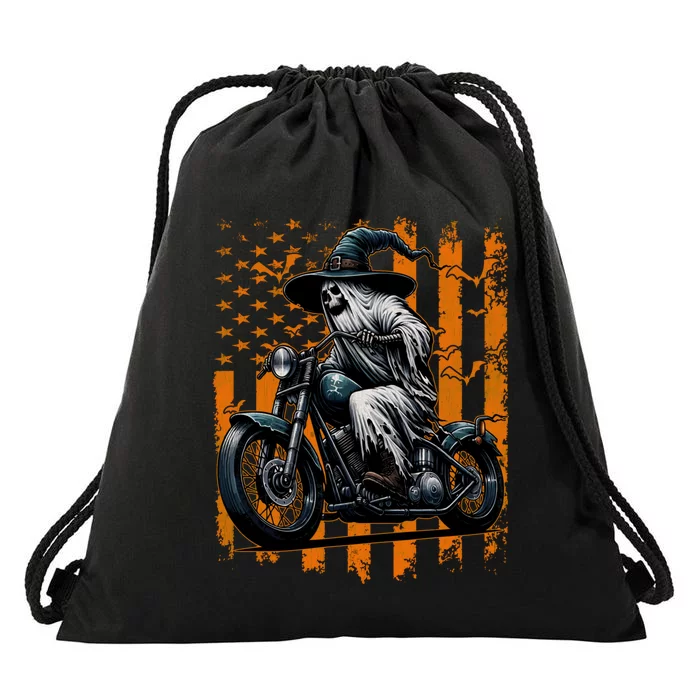 Skeleton Riding Motorcycle Halloween Costume Usa Flag Drawstring Bag