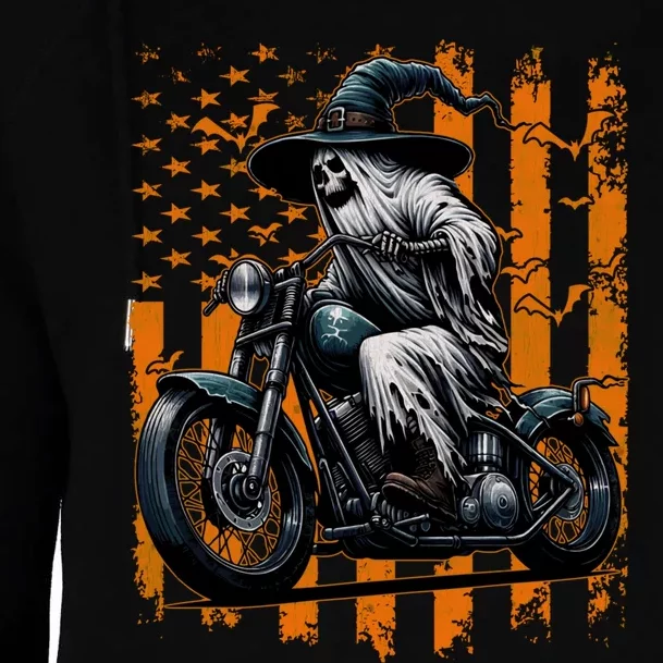 Skeleton Riding Motorcycle Halloween Costume Usa Flag Womens Funnel Neck Pullover Hood