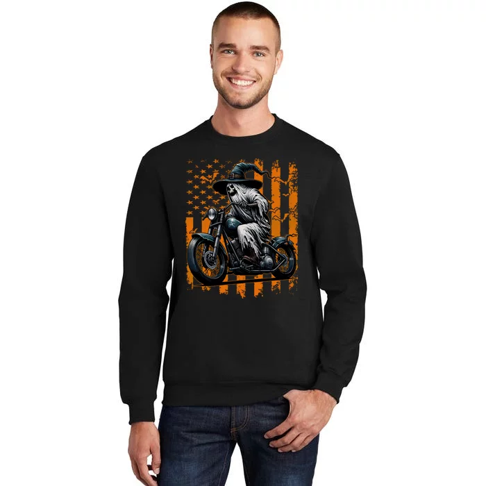 Skeleton Riding Motorcycle Halloween Costume Usa Flag Tall Sweatshirt