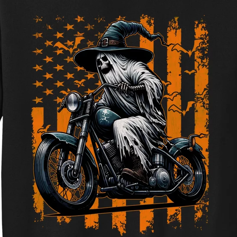 Skeleton Riding Motorcycle Halloween Costume Usa Flag Tall Sweatshirt