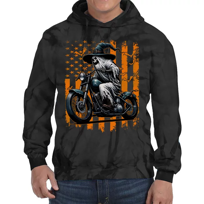 Skeleton Riding Motorcycle Halloween Costume Usa Flag Tie Dye Hoodie