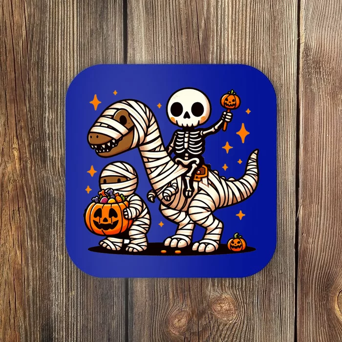 Skeleton Riding Mummy Dinosaur Halloween Funny Coaster