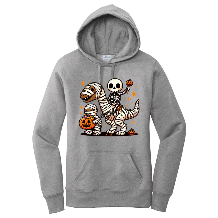 Skeleton Riding Mummy Dinosaur Halloween Funny Women's Pullover Hoodie