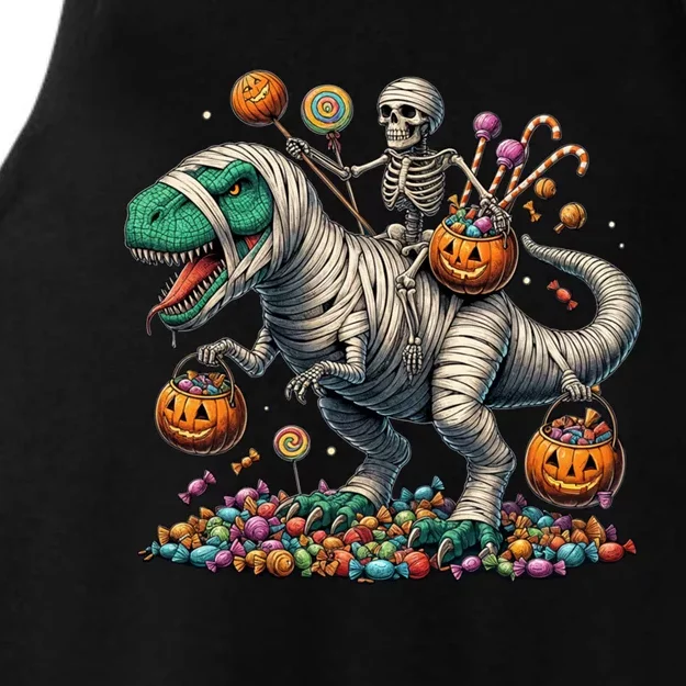 Skeleton Riding Mummy Dinosaur Halloween Funny Pumpkin Ladies Tri-Blend Wicking Tank