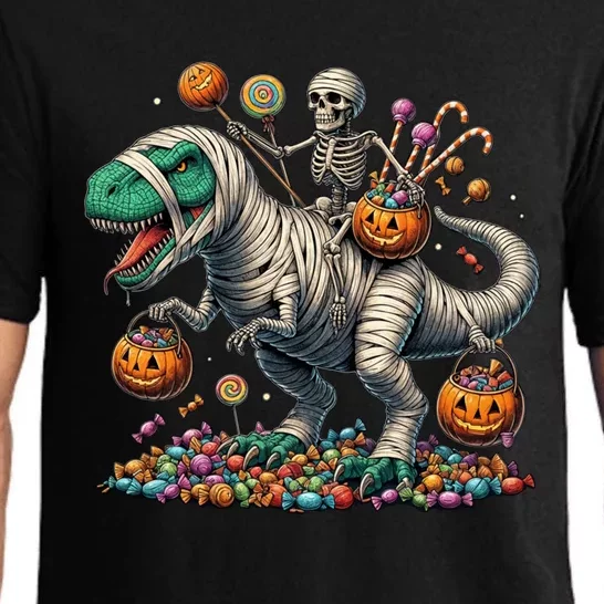 Skeleton Riding Mummy Dinosaur Halloween Funny Pumpkin Pajama Set