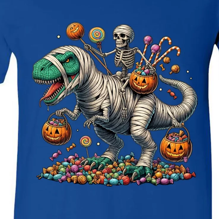 Skeleton Riding Mummy Dinosaur Halloween Funny Pumpkin V-Neck T-Shirt