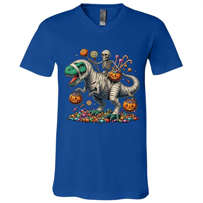 Skeleton Riding Mummy Dinosaur Halloween Funny Pumpkin V-Neck T-Shirt