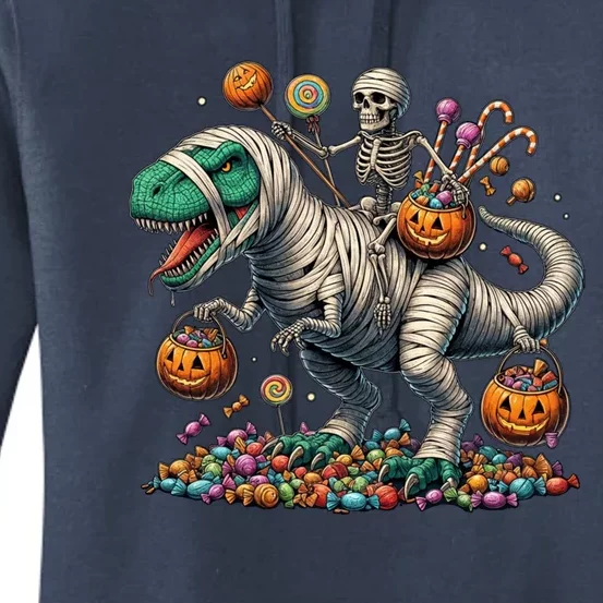 Skeleton Riding Mummy Dinosaur Halloween Funny Pumpkin Women's Pullover Hoodie