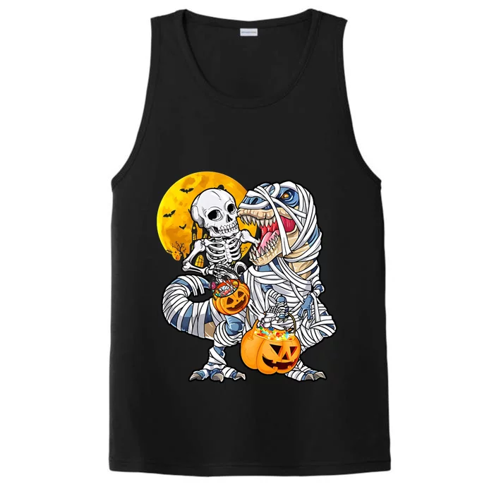 Skeleton Riding Mummy Dinosaur T Rex Halloween Funny Pumpkin Performance Tank