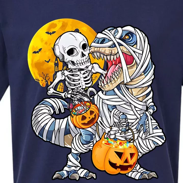 Skeleton Riding Mummy Dinosaur T Rex Halloween Funny Pumpkin Sueded Cloud Jersey T-Shirt