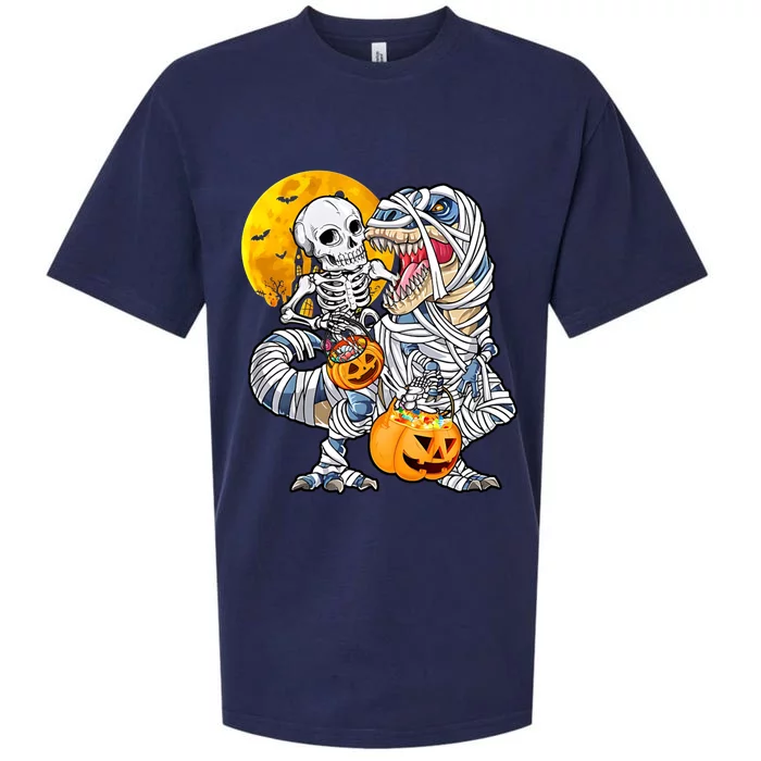 Skeleton Riding Mummy Dinosaur T Rex Halloween Funny Pumpkin Sueded Cloud Jersey T-Shirt