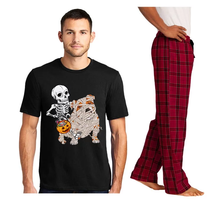 Skeleton Riding Mummy English Bulldog Dog Halloween Pumpkin Pajama Set