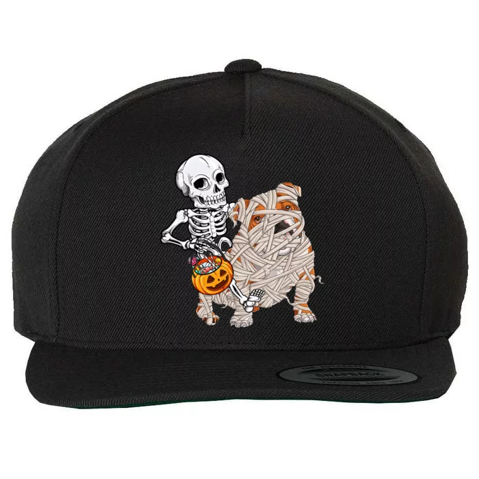 Skeleton Riding Mummy English Bulldog Dog Halloween Pumpkin Wool Snapback Cap