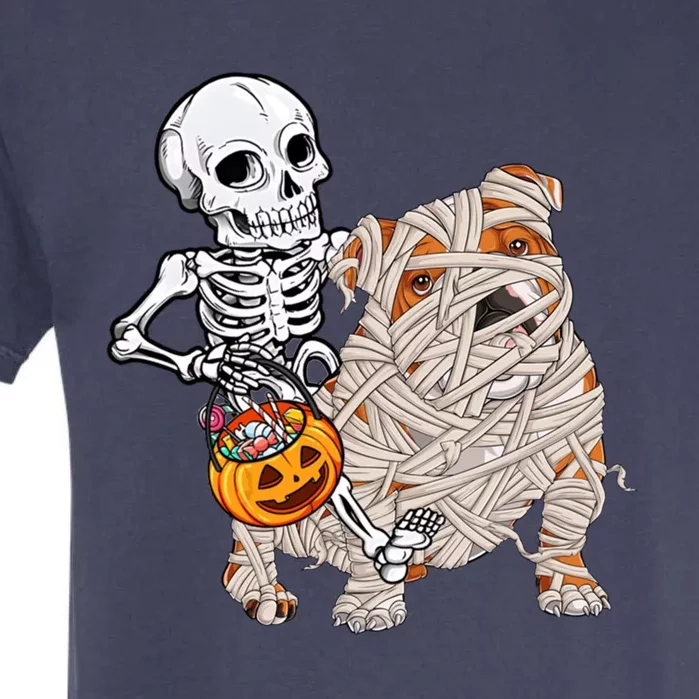 Skeleton Riding Mummy English Bulldog Dog Halloween Pumpkin Garment-Dyed Heavyweight T-Shirt