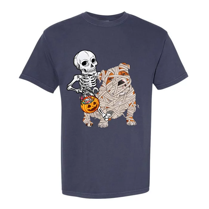 Skeleton Riding Mummy English Bulldog Dog Halloween Pumpkin Garment-Dyed Heavyweight T-Shirt