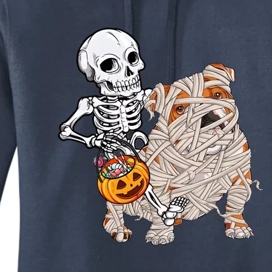 Skeleton Riding Mummy English Bulldog Dog Halloween Pumpkin Women's Pullover Hoodie