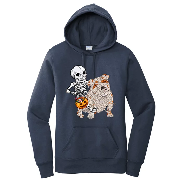 Skeleton Riding Mummy English Bulldog Dog Halloween Pumpkin Women's Pullover Hoodie