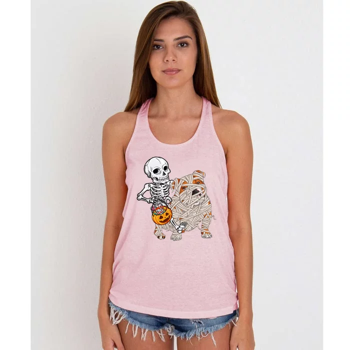 Skeleton Riding Mummy English Bulldog Dog Halloween Pumpkin Women's Knotted Racerback Tank