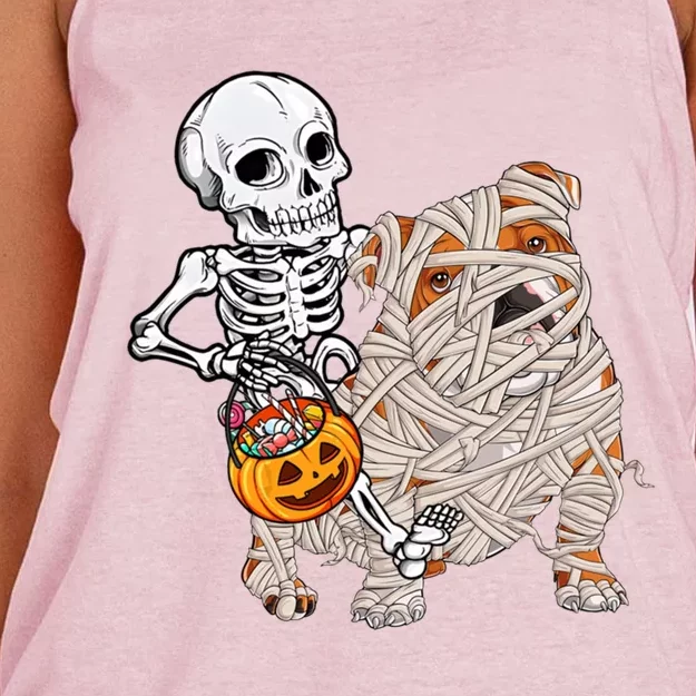 Skeleton Riding Mummy English Bulldog Dog Halloween Pumpkin Women's Knotted Racerback Tank