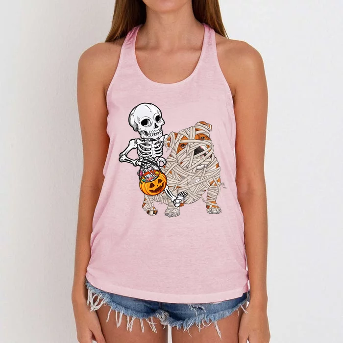 Skeleton Riding Mummy English Bulldog Dog Halloween Pumpkin Women's Knotted Racerback Tank