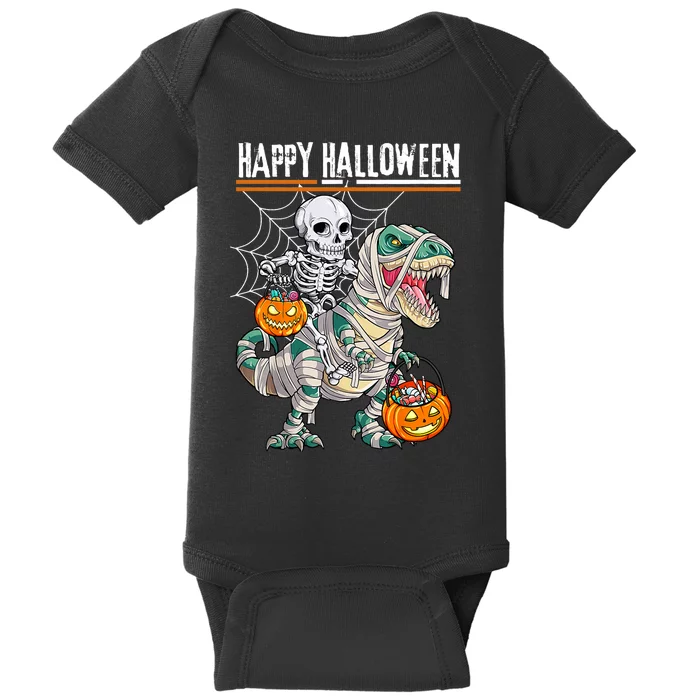 Skeleton Riding Mummy Dinosaur T Rex Halloween Funny Pumpkin Baby Bodysuit