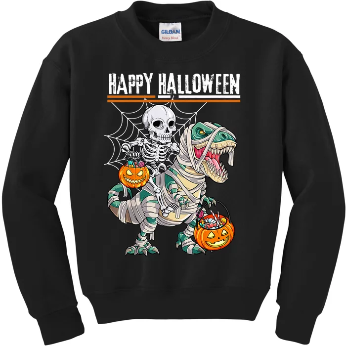 Skeleton Riding Mummy Dinosaur T Rex Halloween Funny Pumpkin Kids Sweatshirt