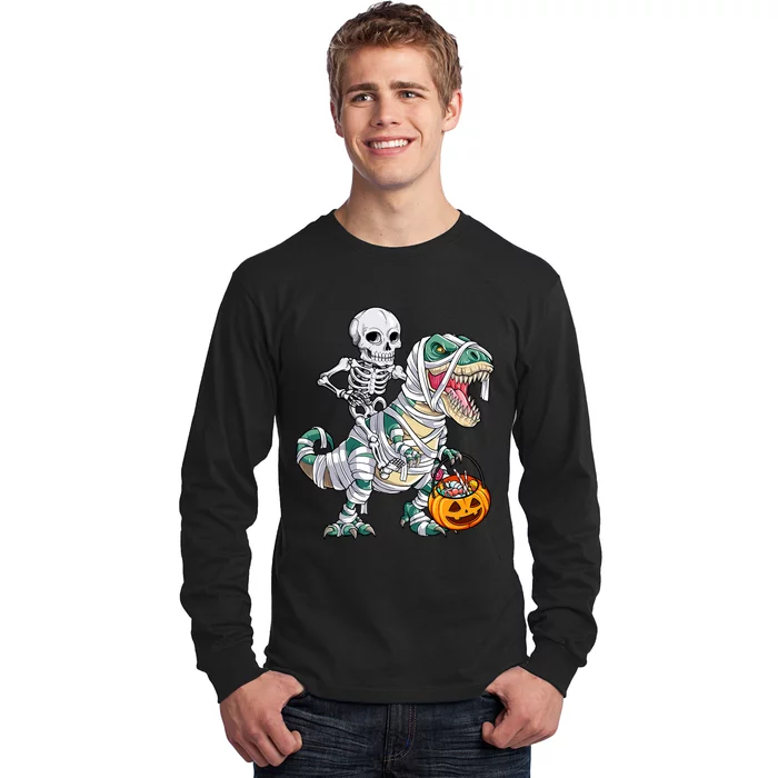 Skeleton Riding Mummy Dinosaur T Rex Halloween Long Sleeve Shirt